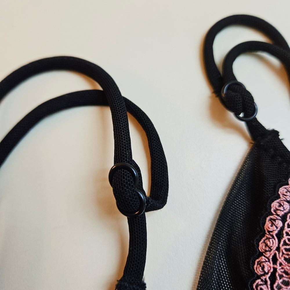 Feminine Black w/ Pink Floral Embroidered Sheer Mesh Babydoll Camisole Top Small - Picture 4 of 7